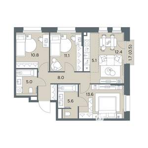 4-к квартира, вторичка, 72м2, 6/6 этаж