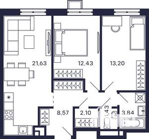 2-к квартира, строящийся дом, 63м2, 16/28 этаж
