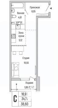 Студия квартира, вторичка, 37м2, 9/9 этаж