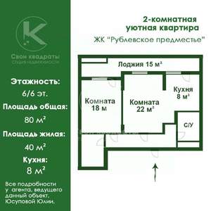 2-к квартира, сданный дом, 80м2, 6/6 этаж