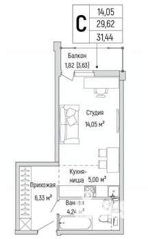 Студия квартира, вторичка, 31м2, 4/9 этаж