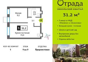 1-к квартира, вторичка, 31м2, 9/9 этаж