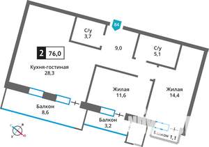 2-к квартира, вторичка, 76м2, 2/6 этаж