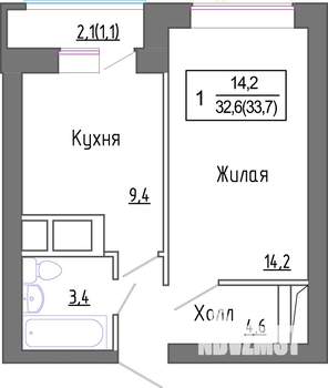 1-к квартира, строящийся дом, 32м2, 4/4 этаж