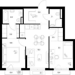 2-к квартира, вторичка, 53м2, 4/9 этаж