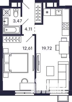 1-к квартира, строящийся дом, 40м2, 14/28 этаж