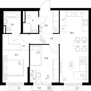 2-к квартира, вторичка, 57м2, 5/9 этаж