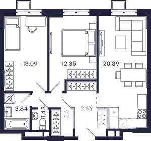 2-к квартира, строящийся дом, 63м2, 7/28 этаж