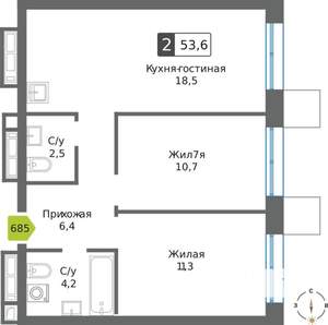 2-к квартира, вторичка, 54м2, 24/32 этаж