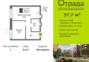 1-к квартира, вторичка, 38м2, 6/9 этаж