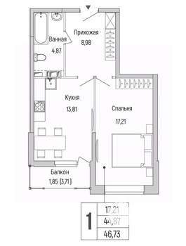 1-к квартира, вторичка, 47м2, 9/9 этаж