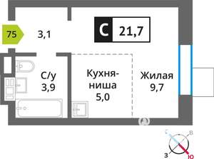 1-к квартира, строящийся дом, 22м2, 5/9 этаж