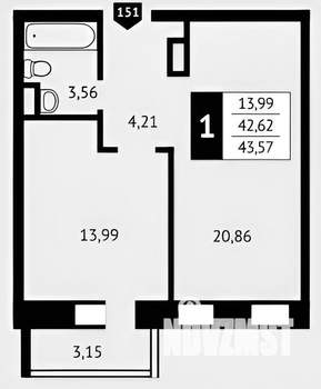 1-к квартира, вторичка, 44м2, 12/17 этаж