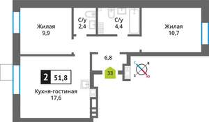 2-к квартира, вторичка, 52м2, 6/9 этаж