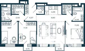 3-к квартира, строящийся дом, 84м2, 18/25 этаж