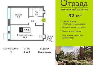 1-к квартира, вторичка, 32м2, 6/9 этаж