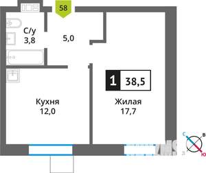 1-к квартира, строящийся дом, 39м2, 9/9 этаж