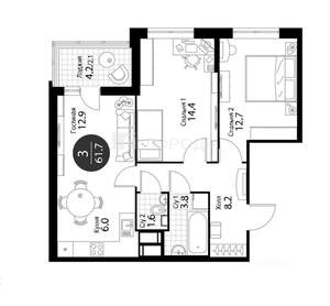 3-к квартира, вторичка, 58м2, 13/25 этаж