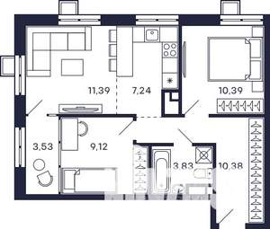 2-к квартира, строящийся дом, 56м2, 27/28 этаж