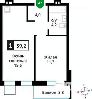 1-к квартира, вторичка, 39м2, 5/6 этаж