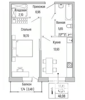 1-к квартира, вторичка, 49м2, 6/9 этаж
