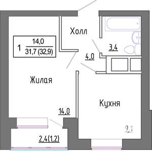 1-к квартира, строящийся дом, 32м2, 4/4 этаж