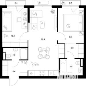 2-к квартира, вторичка, 58м2, 6/9 этаж