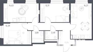 3-к квартира, строящийся дом, 72м2, 6/24 этаж