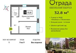 1-к квартира, вторичка, 33м2, 9/9 этаж