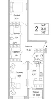 2-к квартира, вторичка, 77м2, 6/9 этаж