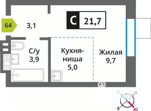 Студия квартира, вторичка, 22м2, 3/9 этаж