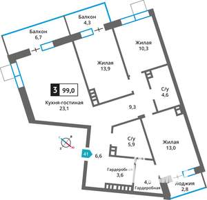 3-к квартира, строящийся дом, 99м2, 6/6 этаж