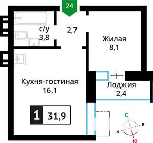 1-к квартира, вторичка, 32м2, 5/6 этаж