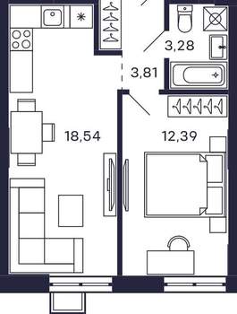 1-к квартира, строящийся дом, 40м2, 14/28 этаж