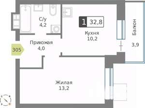 1-к квартира, строящийся дом, 33м2, 9/9 этаж