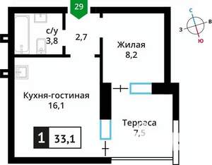 1-к квартира, вторичка, 33м2, 1/6 этаж