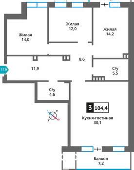3-к квартира, вторичка, 104м2, 3/6 этаж