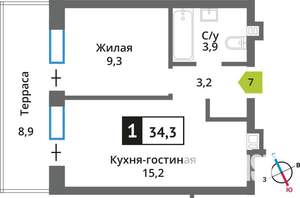 1-к квартира, вторичка, 34м2, 1/9 этаж