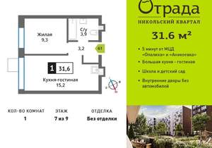 1-к квартира, вторичка, 32м2, 7/9 этаж