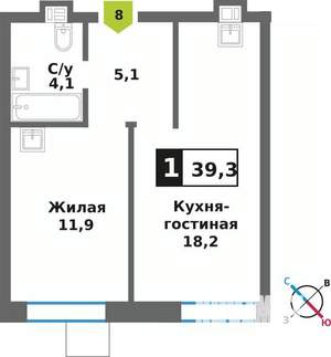 1-к квартира, вторичка, 39м2, 2/9 этаж