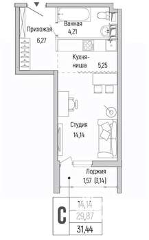 Студия квартира, вторичка, 31м2, 6/9 этаж