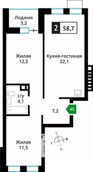2-к квартира, вторичка, 59м2, 4/6 этаж