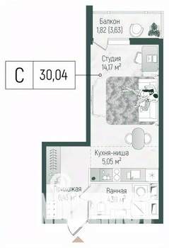 Студия квартира, вторичка, 32м2, 9/10 этаж