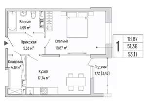 1-к квартира, вторичка, 53м2, 6/9 этаж
