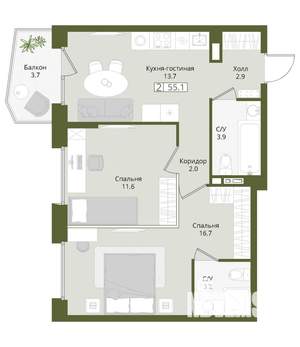 2-к квартира, вторичка, 55м2, 2/8 этаж