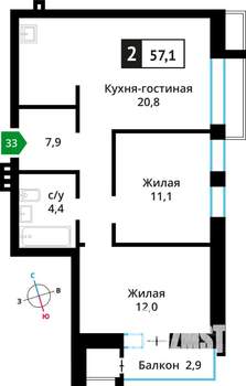 2-к квартира, строящийся дом, 57м2, 5/6 этаж