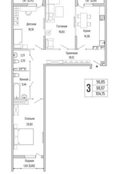 2-к квартира, вторичка, 104м2, 3/9 этаж