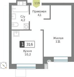 1-к квартира, строящийся дом, 32м2, 4/9 этаж
