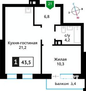 1-к квартира, вторичка, 44м2, 5/6 этаж