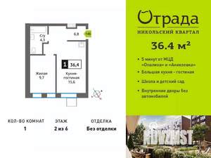 1-к квартира, вторичка, 36м2, 2/6 этаж